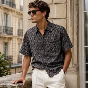 Chereskin 100% Silk Geometric Button Up Shirt XL Euro Chic Designer Retro Lux